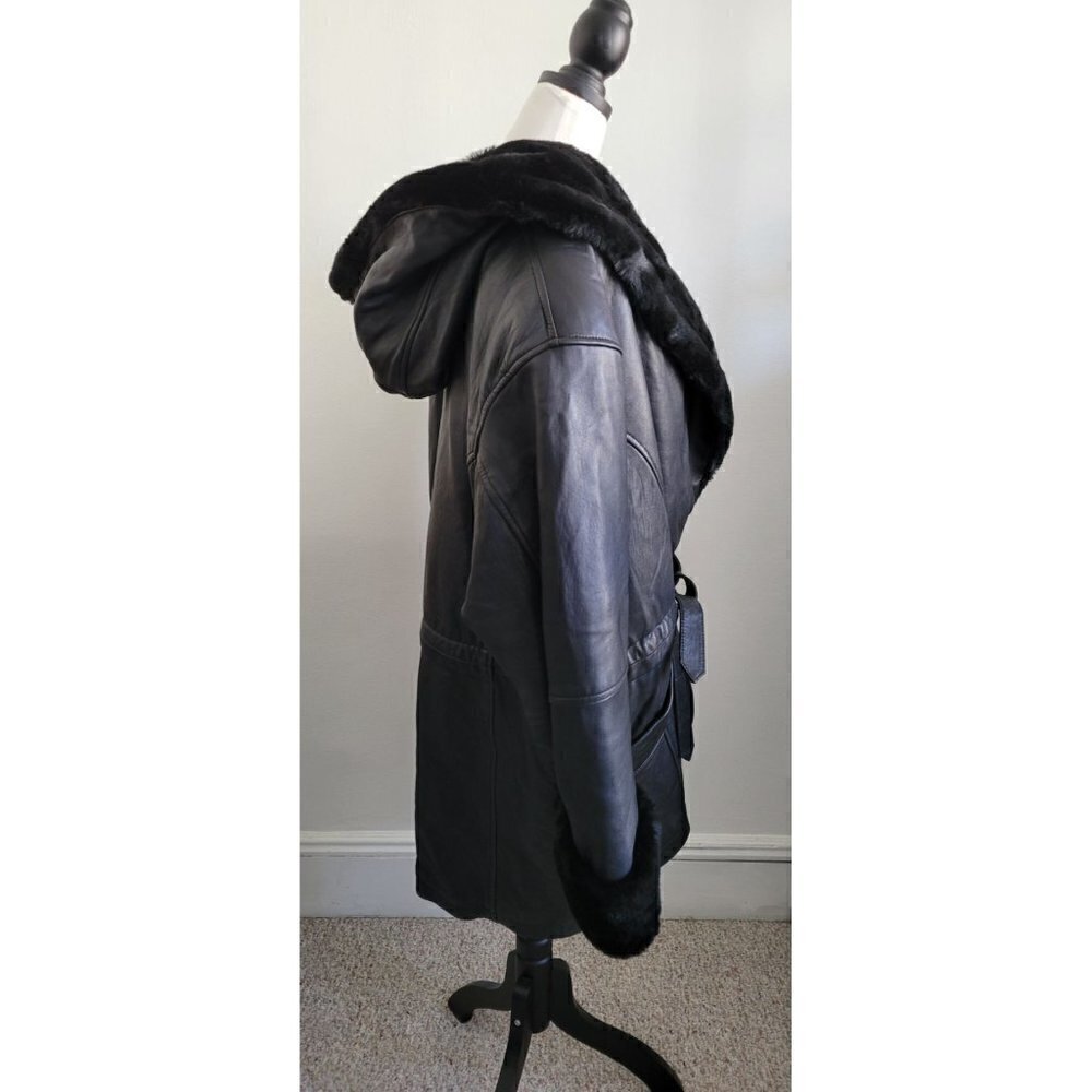 Rare Vintage Genuine Leather Fur Black Belted Hood Coat Jacket Women Size L - Picture 3 of 14